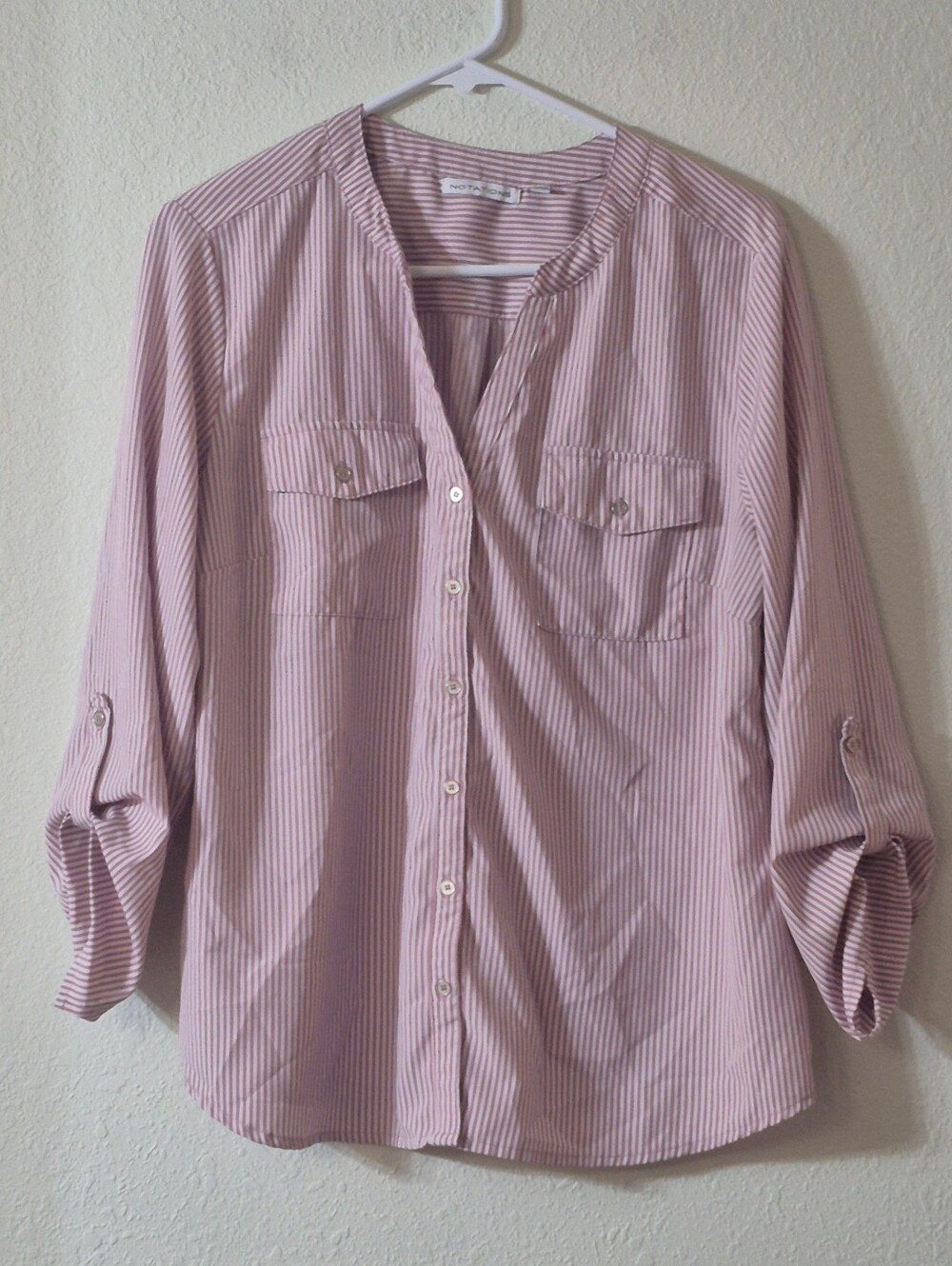 Notations Pink & White Striped Roll-Sleeve Button Front Blouse